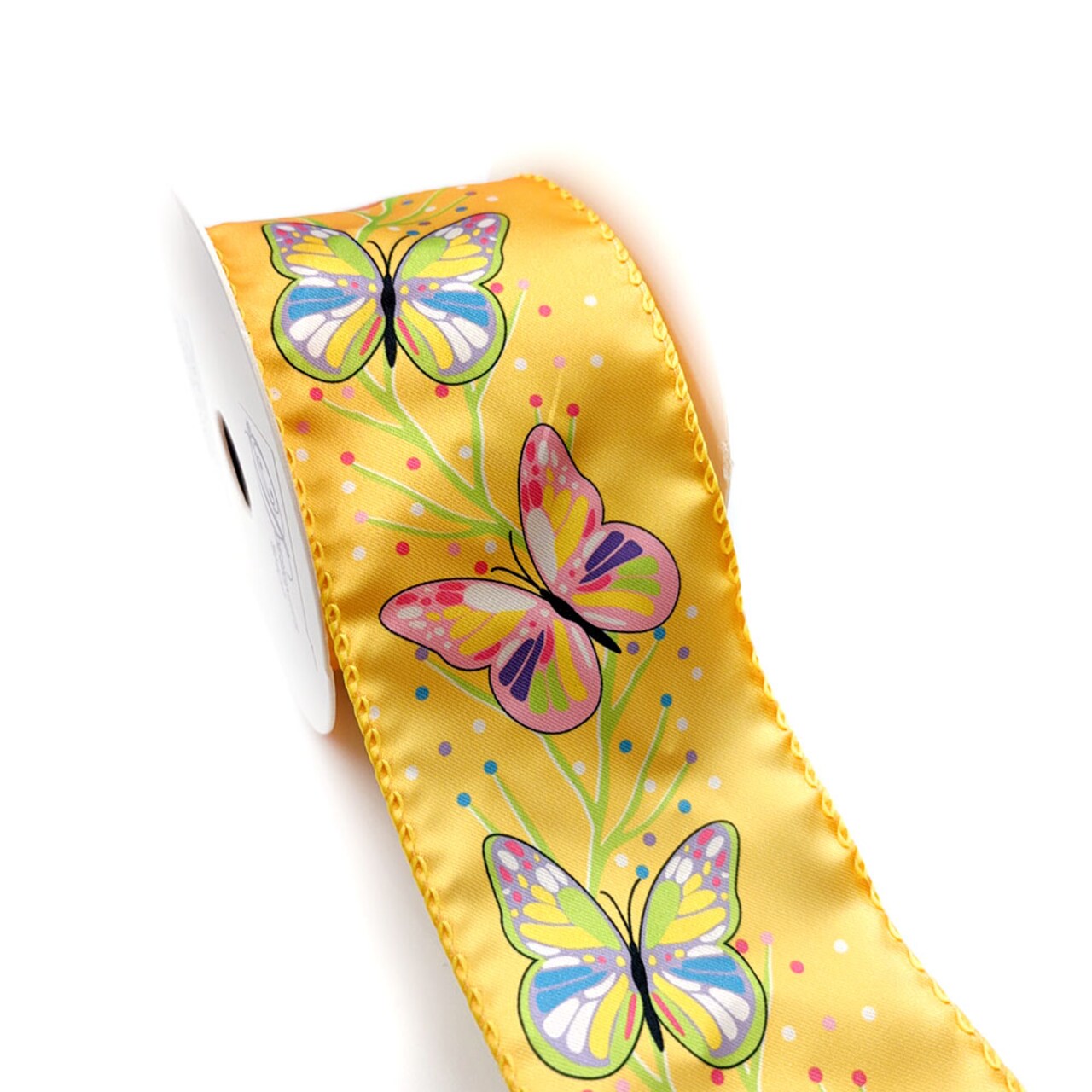 Designer’s Shop Spring Butterfly Wired Satin ribbon, 2.5 inch x 10 yards Yellow Floral Butterfly Print Decorative Ribbon. WR 63-5235